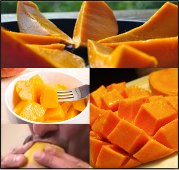 From left bottom upwards clockwise : (1) sucking on a mango; (2) diced mangoes in a bowl; (3) cut in long slices (4) diced mango